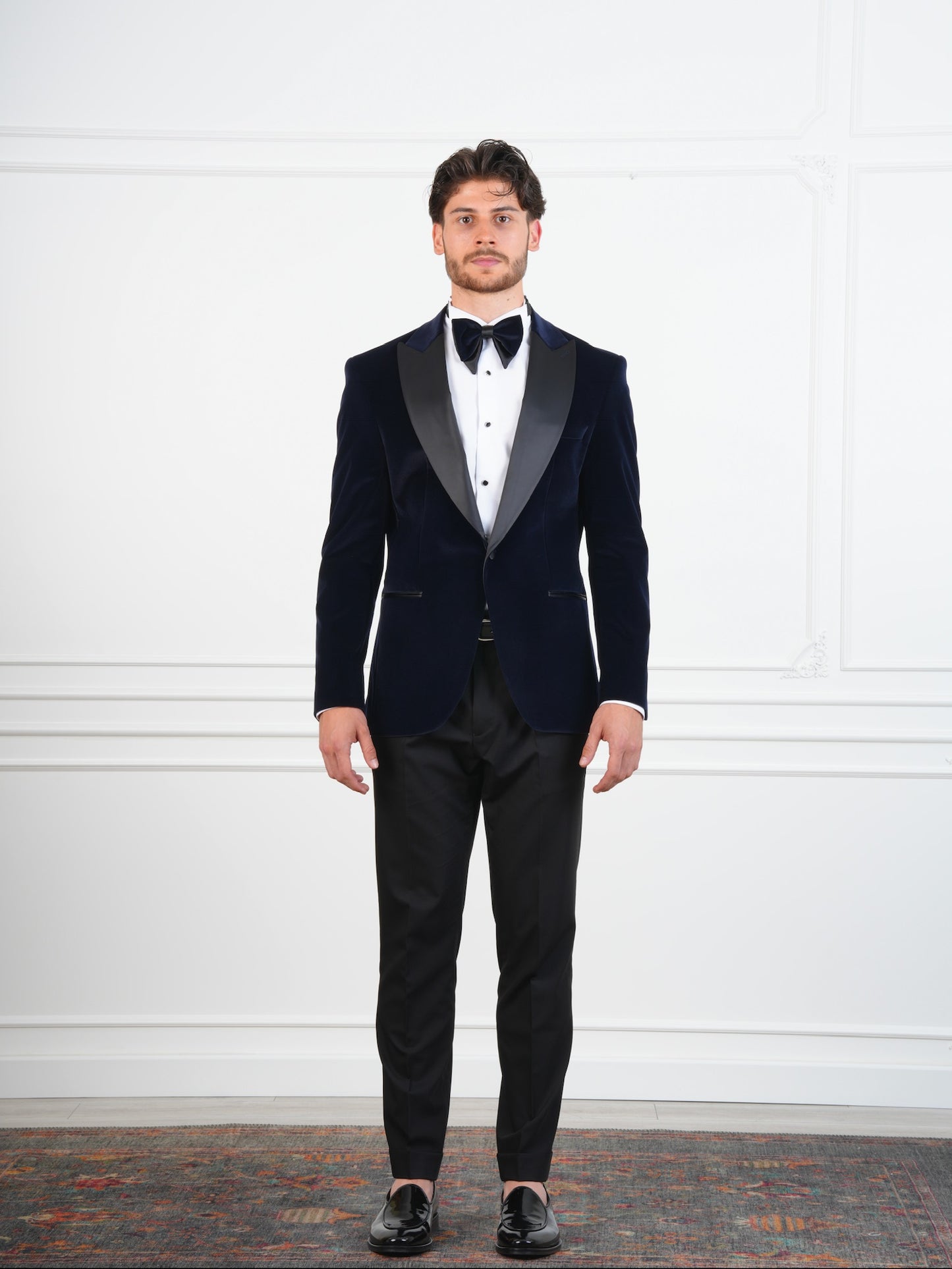 The Marlowe Navy Blue Velvet Party Tuxedo | Satin Lapel Groom Suit with Bow Tie & Trousers