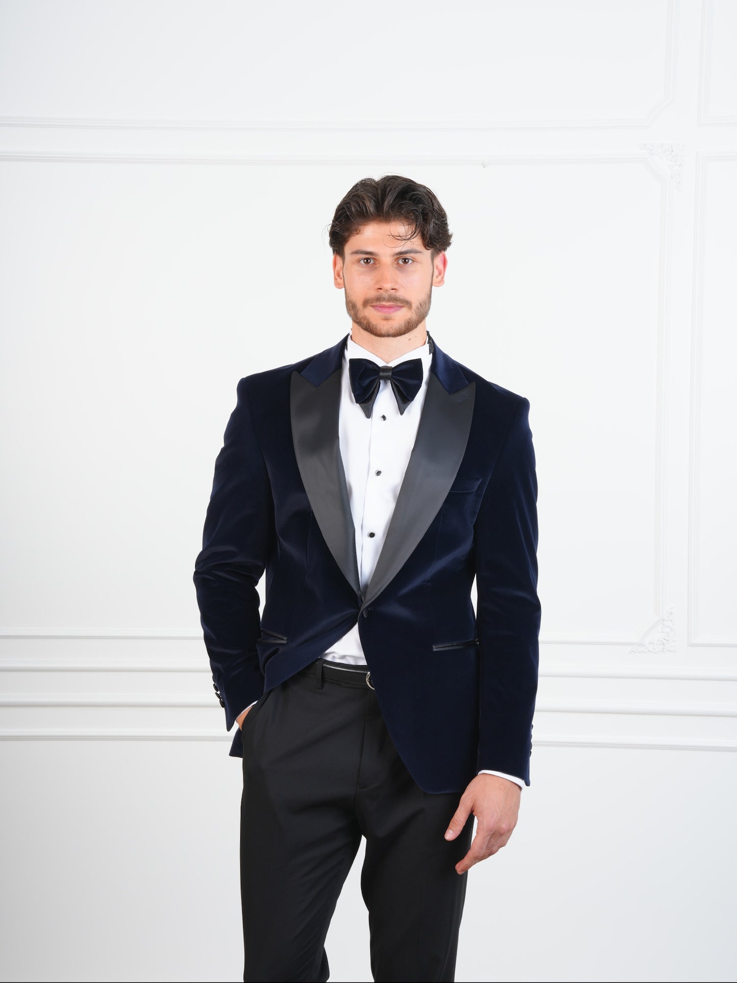 The Marlowe Navy Blue Velvet Party Tuxedo | Satin Lapel Groom Suit with Bow Tie & Trousers