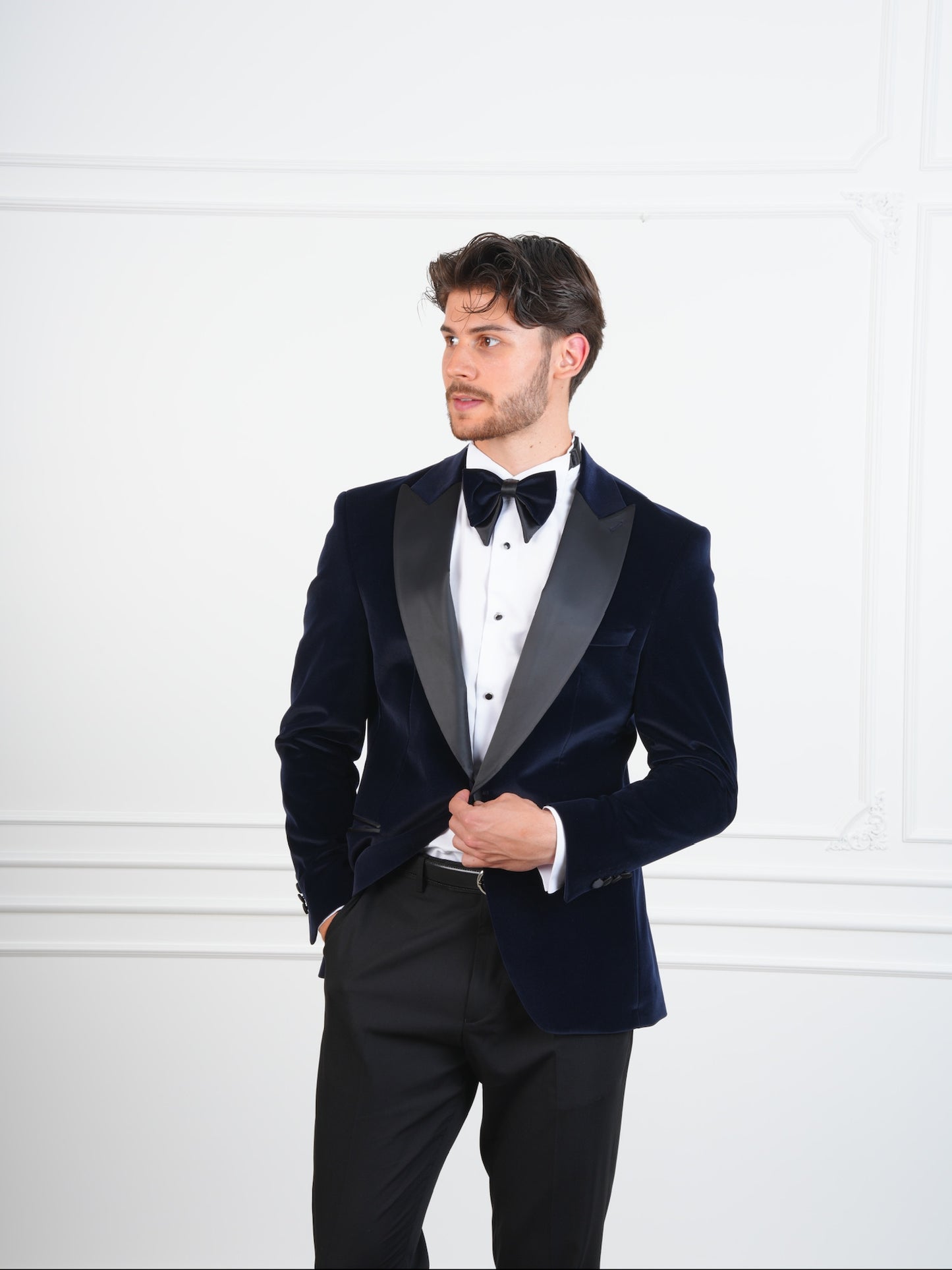 The Marlowe Navy Blue Velvet Party Tuxedo | Satin Lapel Groom Suit with Bow Tie & Trousers