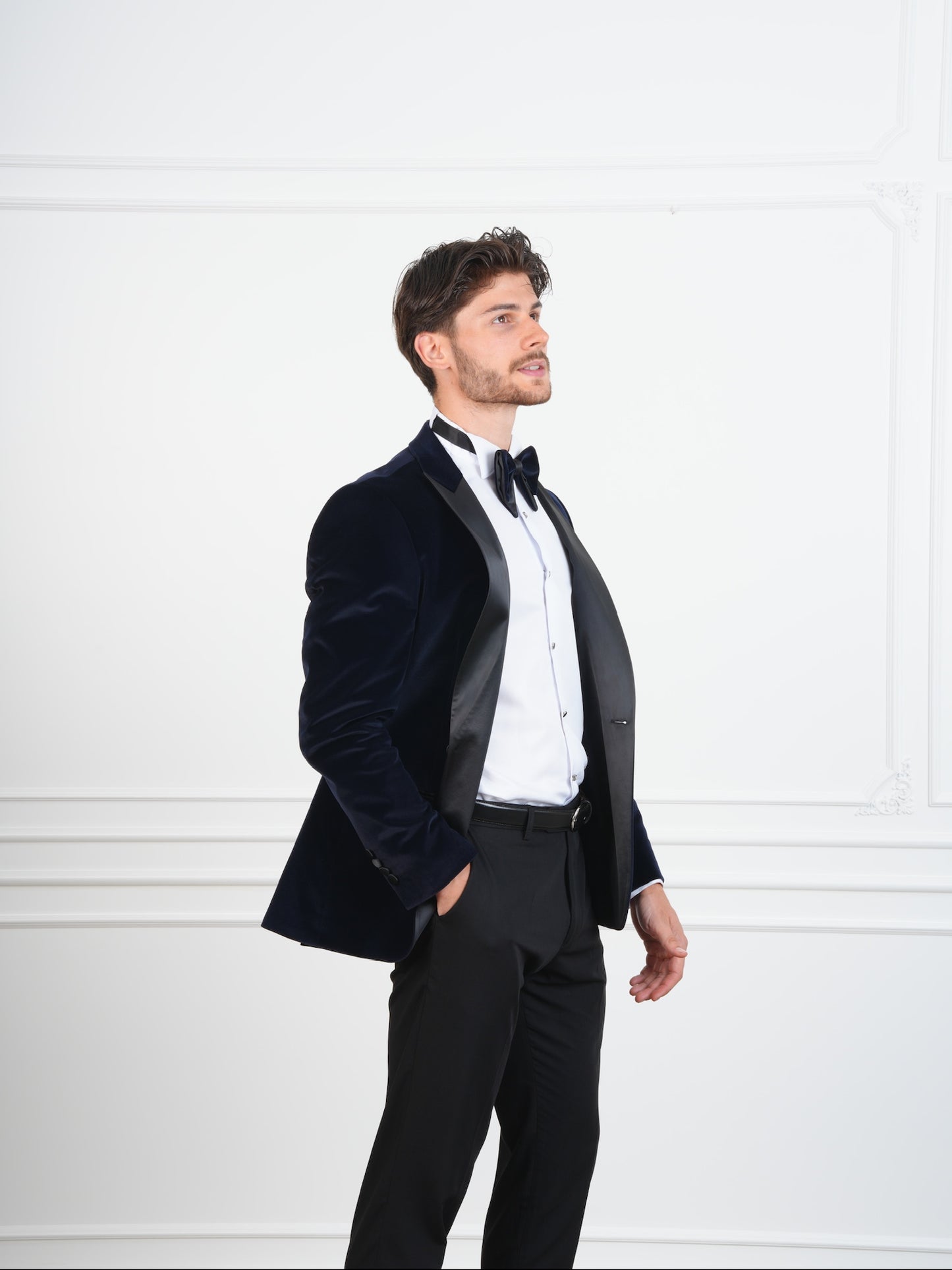 The Marlowe Navy Blue Velvet Party Tuxedo | Satin Lapel Groom Suit with Bow Tie & Trousers