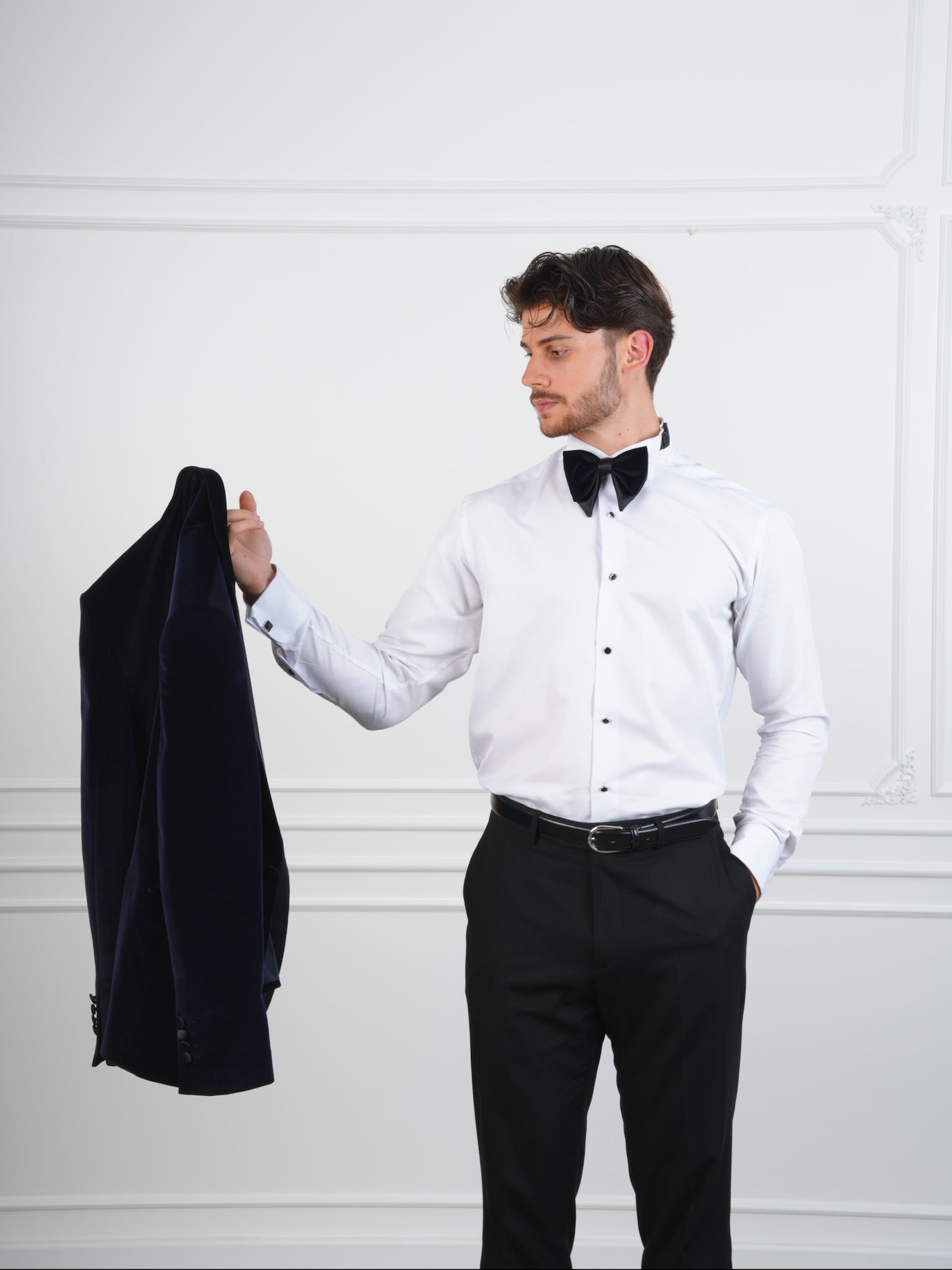 The Marlowe Navy Blue Velvet Party Tuxedo | Satin Lapel Groom Suit with Bow Tie & Trousers