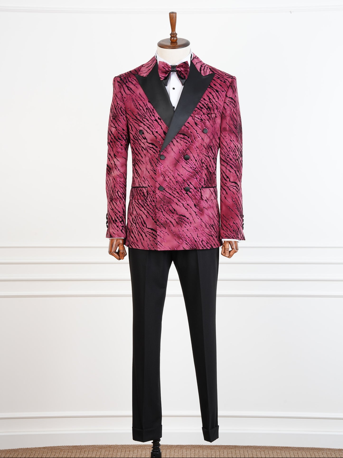 The Crimson Stride – Double Breasted Tuxedo with Tiger Pattern for Bold Occasions