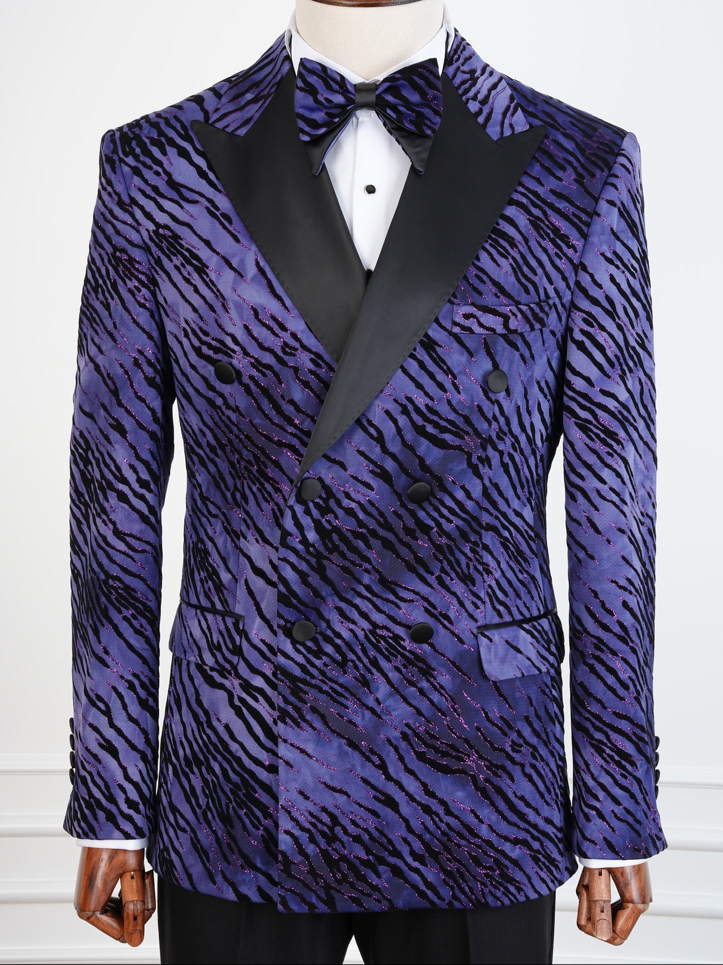 The Amethyst Roar Double-Breasted Tuxedo – Bold Purple Animal Print Suit for Gala Nights & Luxury Weddings