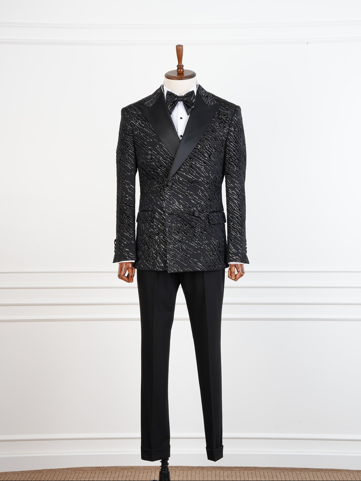 The Midnight Prowl Tuxedo – Black Double-Breasted Animal Print Suit with Satin Peak Lapel and Bow Tie