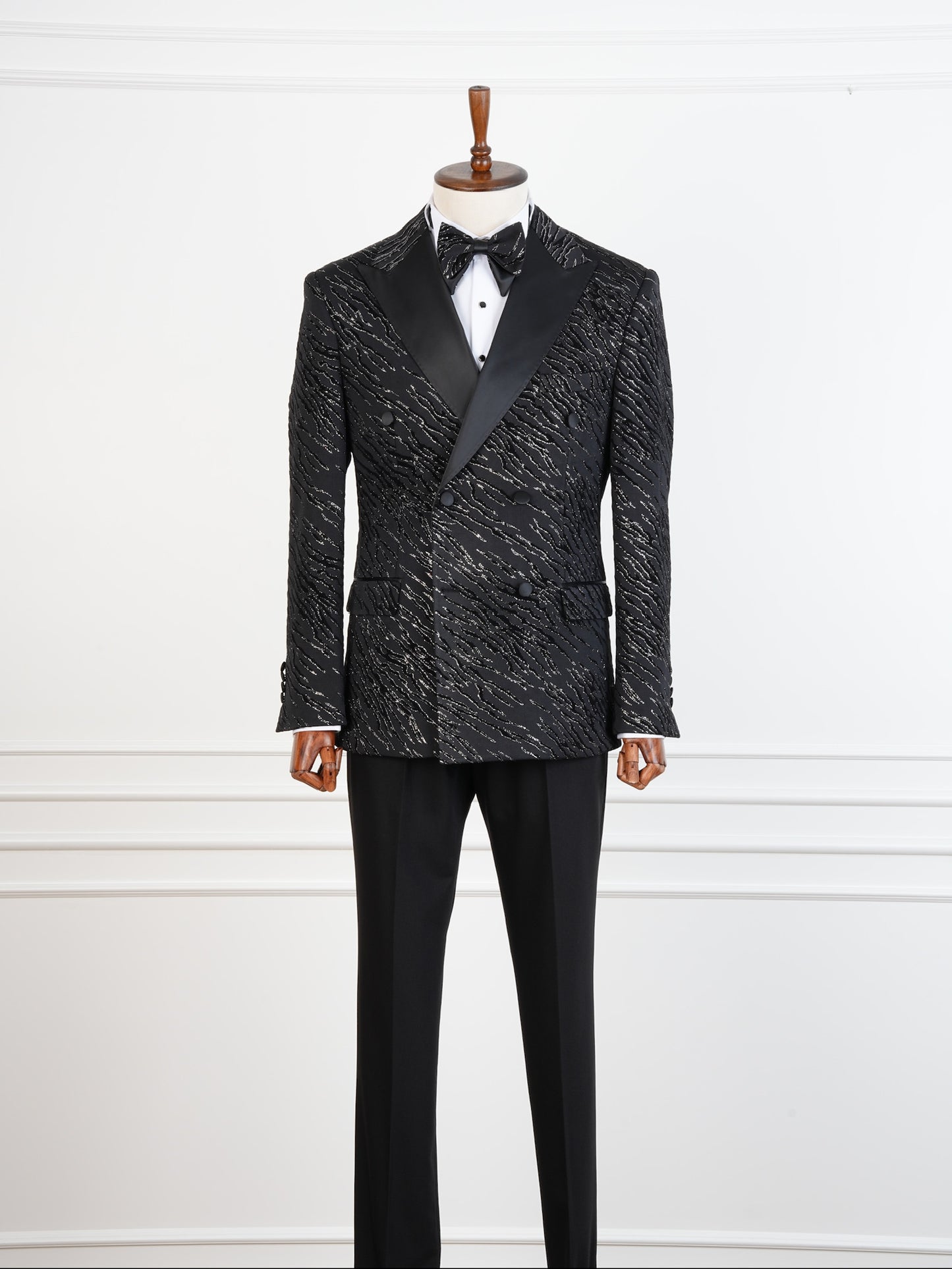 The Midnight Prowl Tuxedo – Black Double-Breasted Animal Print Suit with Satin Peak Lapel and Bow Tie
