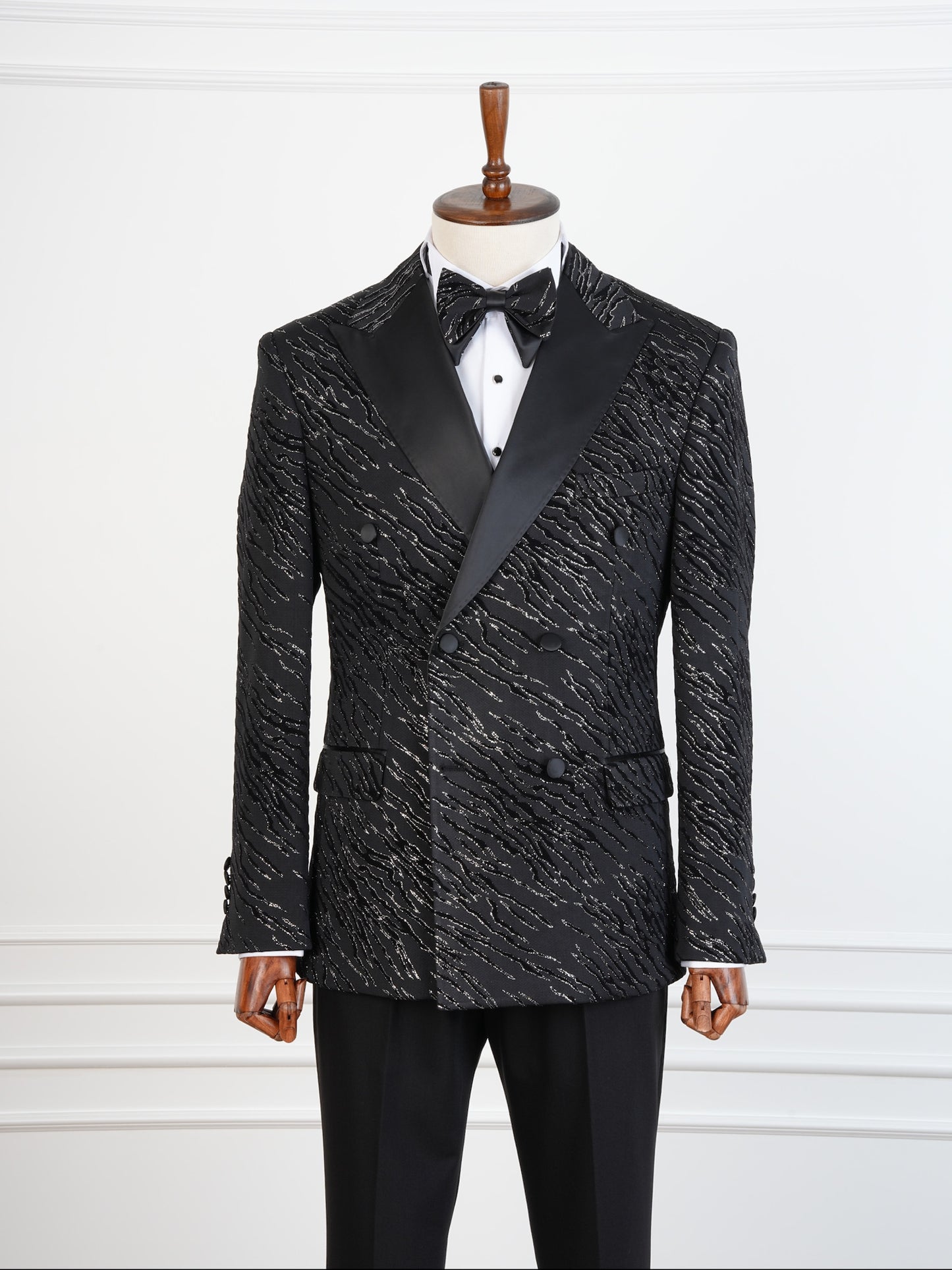 The Midnight Prowl Tuxedo – Black Double-Breasted Animal Print Suit with Satin Peak Lapel and Bow Tie