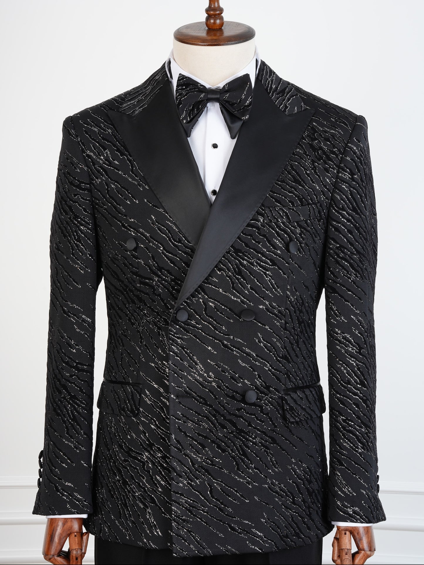 The Midnight Prowl Tuxedo – Black Double-Breasted Animal Print Suit with Satin Peak Lapel and Bow Tie