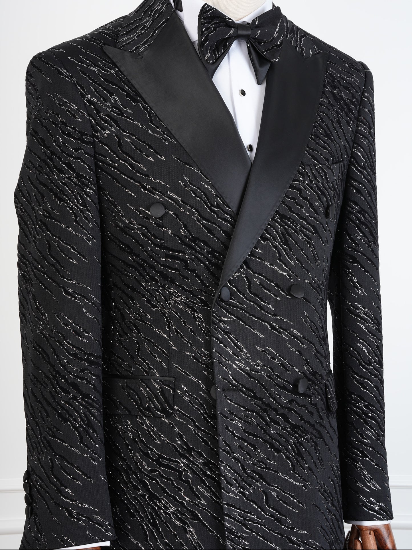 The Midnight Prowl Tuxedo – Black Double-Breasted Animal Print Suit with Satin Peak Lapel and Bow Tie
