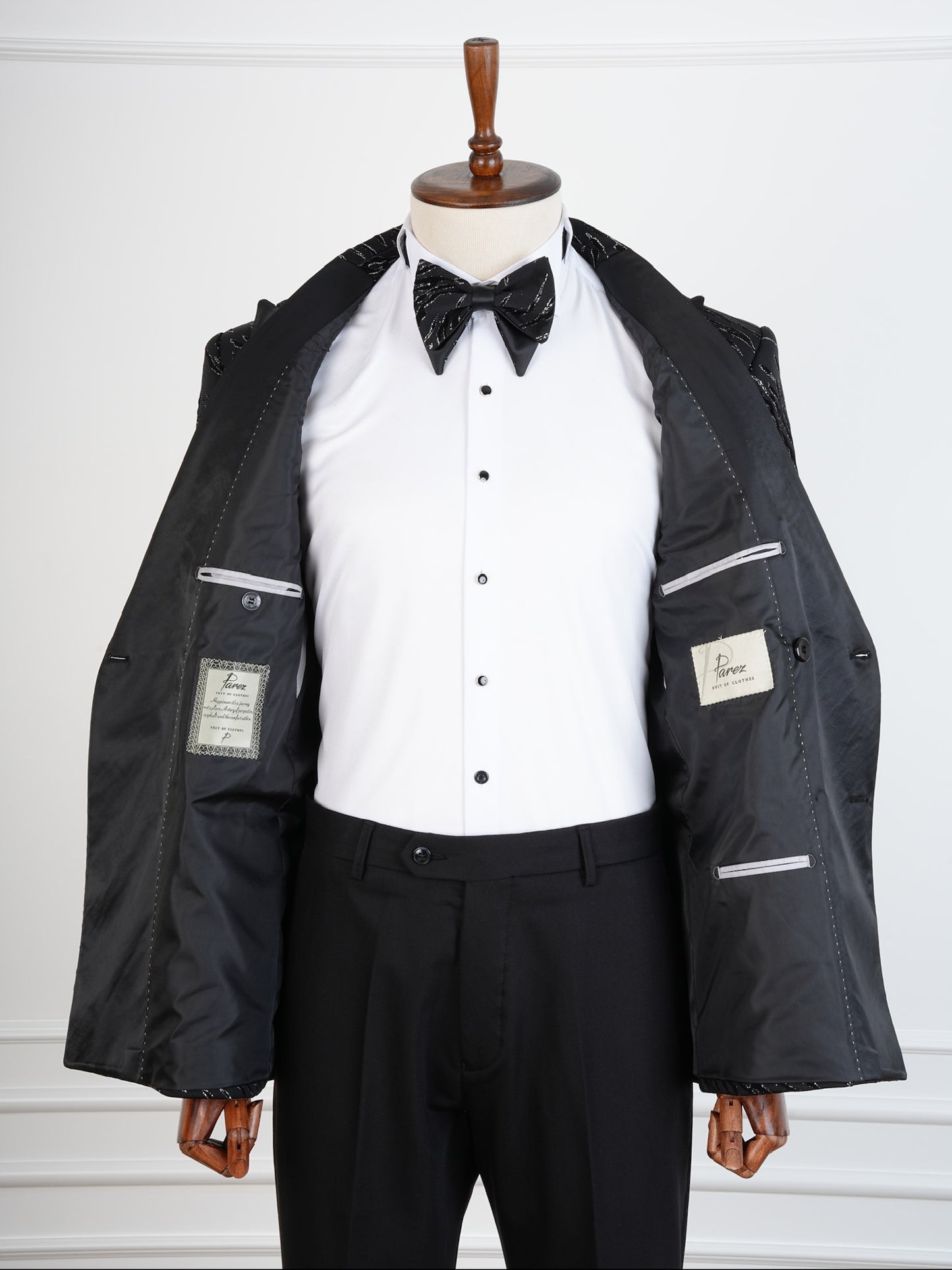 The Midnight Prowl Tuxedo – Black Double-Breasted Animal Print Suit with Satin Peak Lapel and Bow Tie