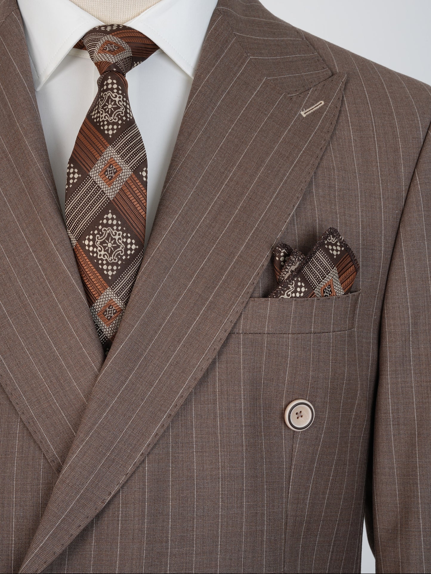 Men’s Brown Wool Pinstripe Suit – Double-Breasted 100% Wool Formal Set | Elegant Business & Wedding Suit by Parez