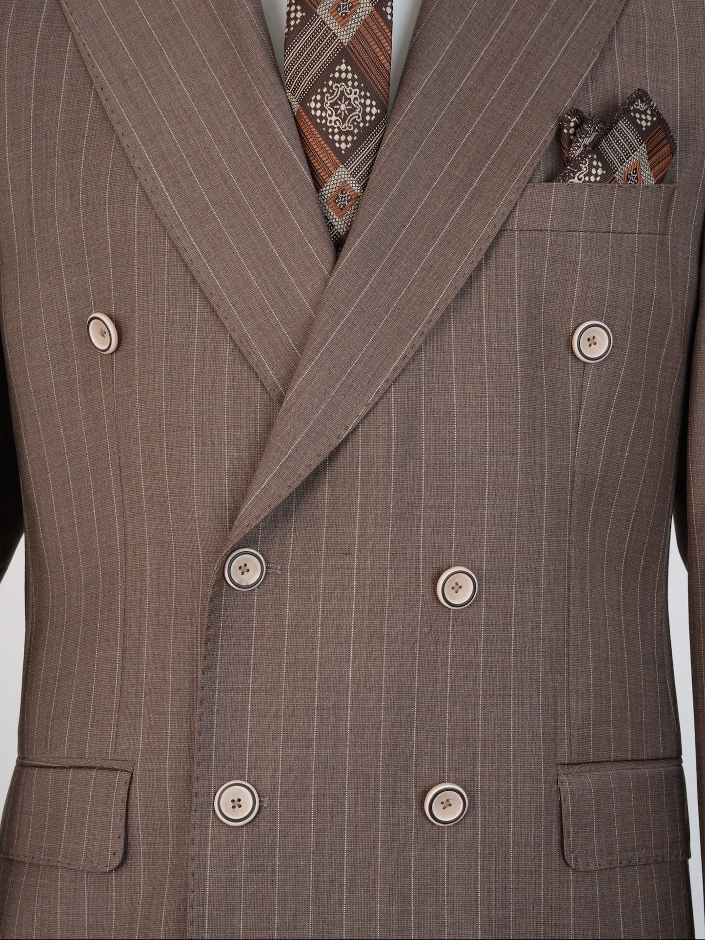 Men’s Brown Wool Pinstripe Suit – Double-Breasted 100% Wool Formal Set | Elegant Business & Wedding Suit by Parez