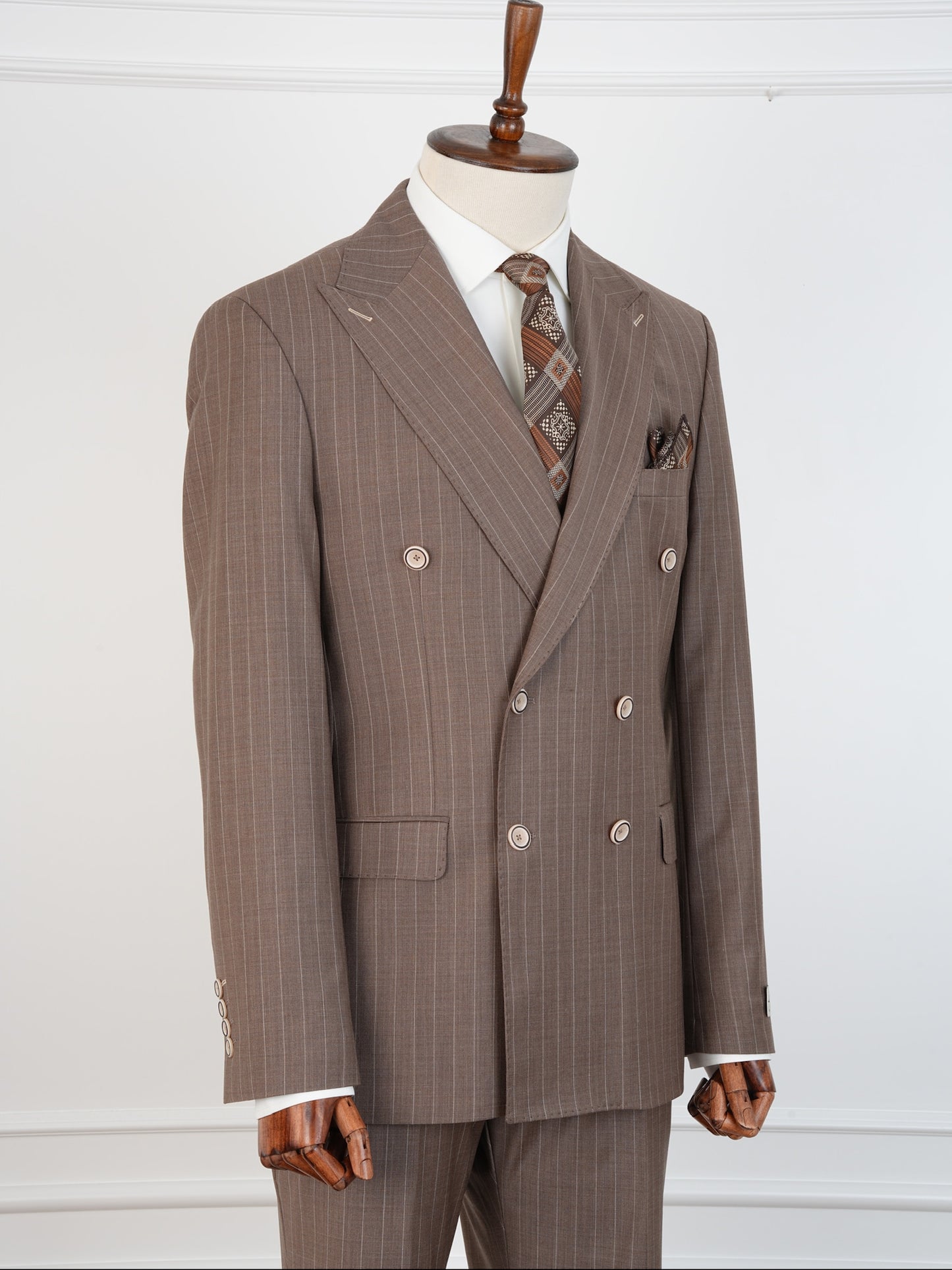 Men’s Brown Wool Pinstripe Suit – Double-Breasted 100% Wool Formal Set | Elegant Business & Wedding Suit by Parez