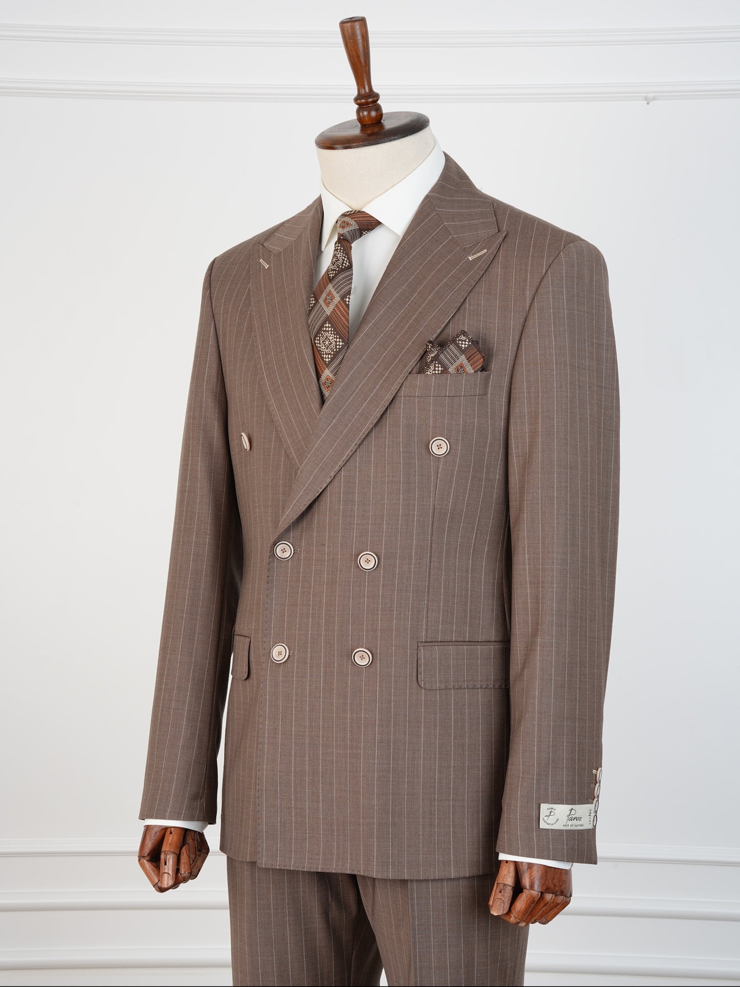 Men’s Brown Wool Pinstripe Suit – Double-Breasted 100% Wool Formal Set | Elegant Business & Wedding Suit by Parez