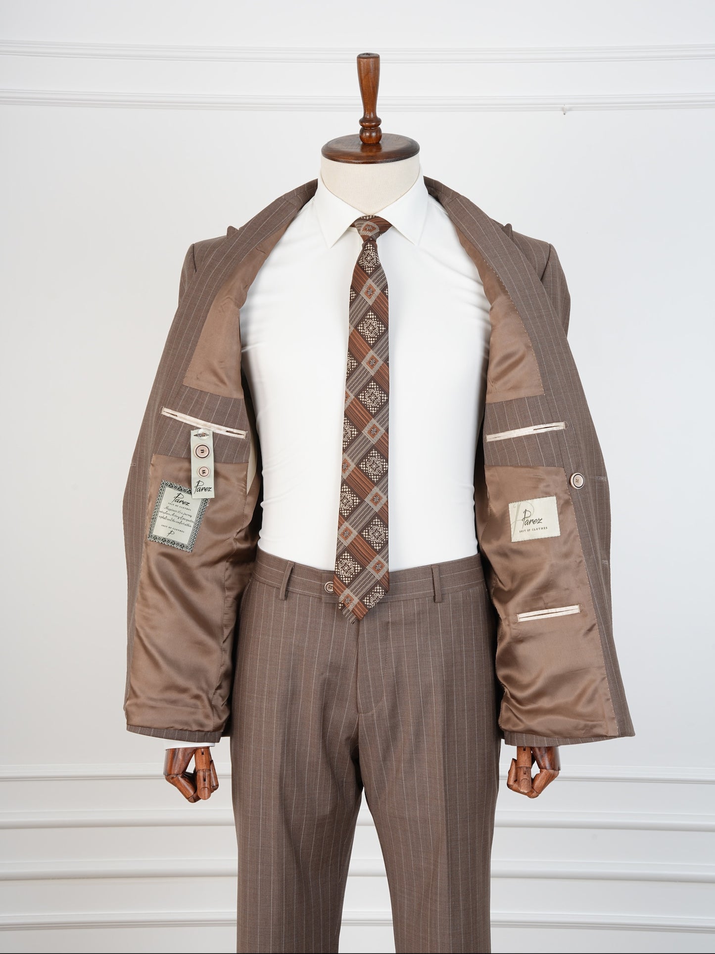 Men’s Brown Wool Pinstripe Suit – Double-Breasted 100% Wool Formal Set | Elegant Business & Wedding Suit by Parez
