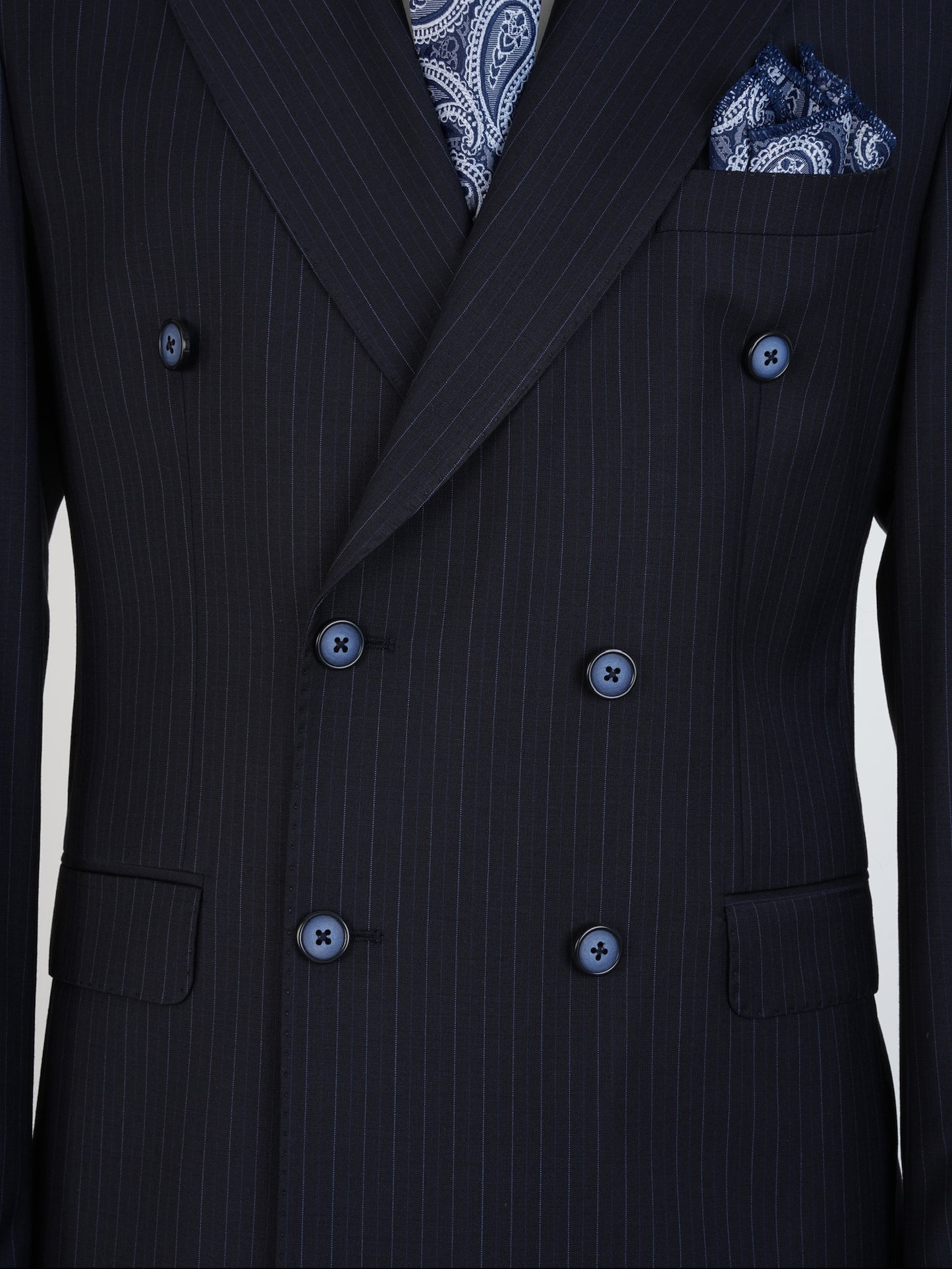 Navy Pinstripe Wool Suit – Double Breasted Slim Fit | Luxury 100% Wool Business Suit by Parez