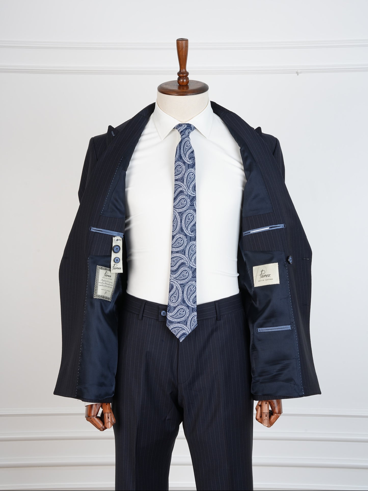 Navy Pinstripe Wool Suit – Double Breasted Slim Fit | Luxury 100% Wool Business Suit by Parez