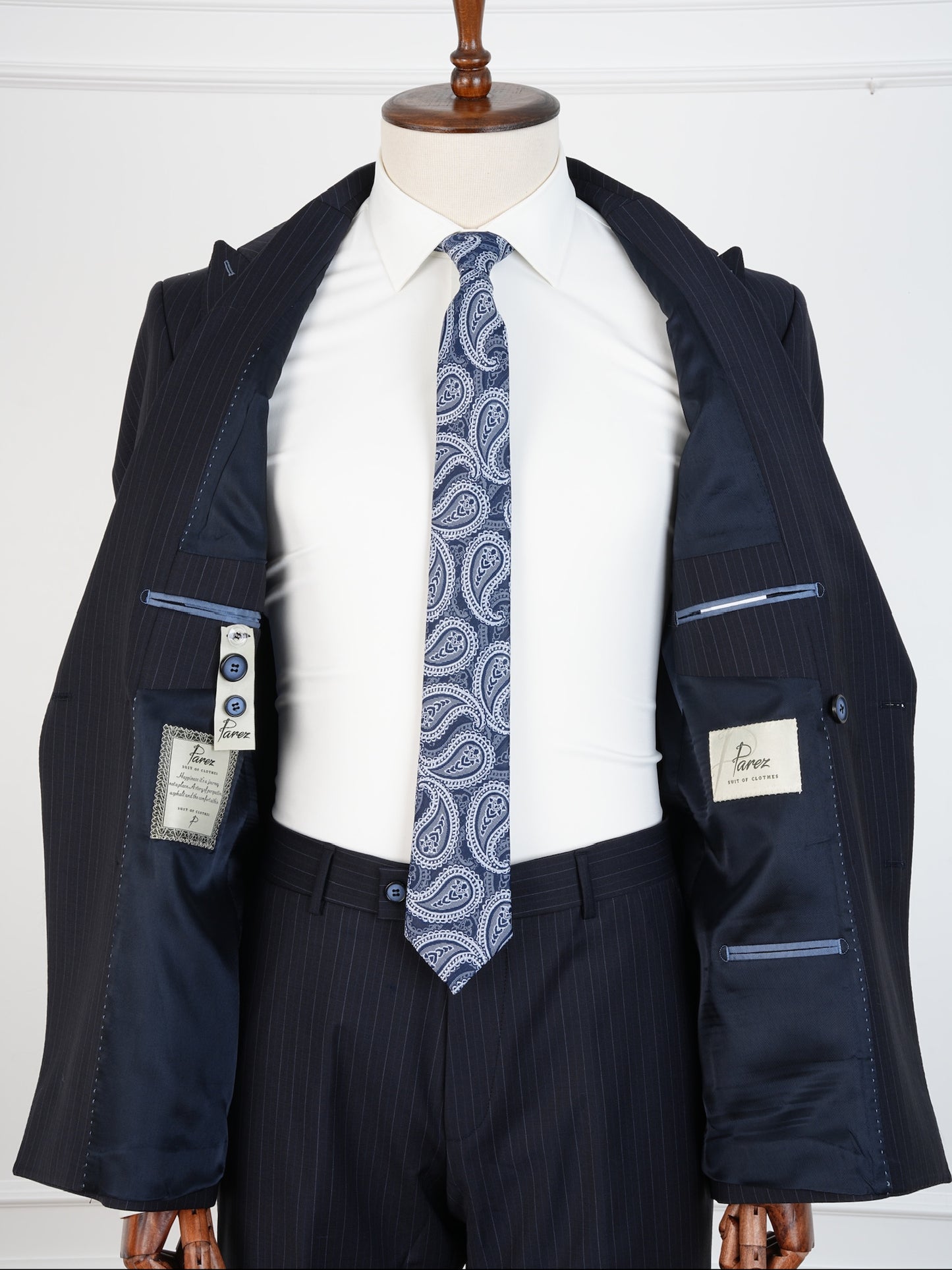 Navy Pinstripe Wool Suit – Double Breasted Slim Fit | Luxury 100% Wool Business Suit by Parez