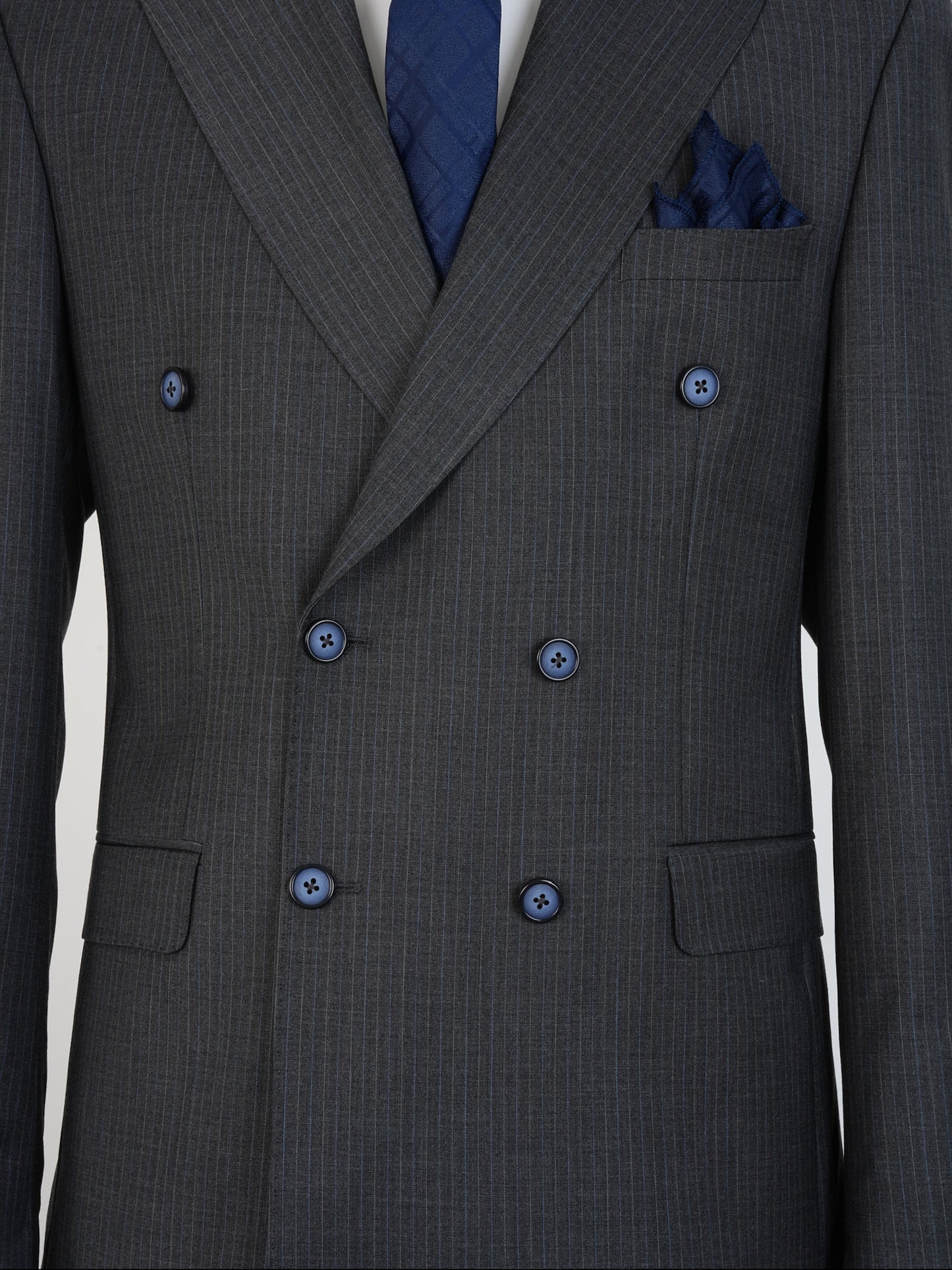 Men’s Striped Grey Wool Suit – Classic Double-Breasted Formalwear by Parez