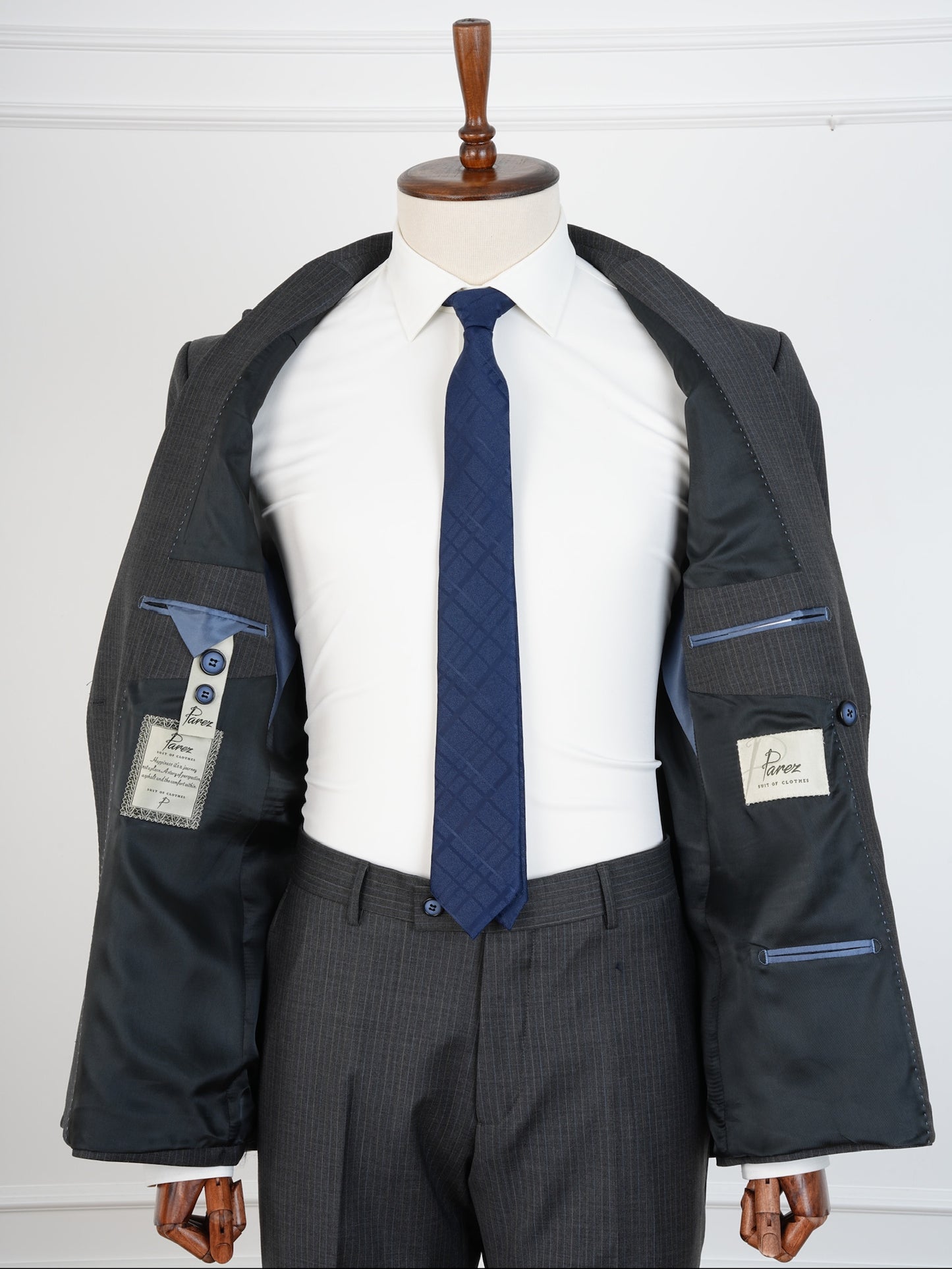 Men’s Striped Grey Wool Suit – Classic Double-Breasted Formalwear by Parez