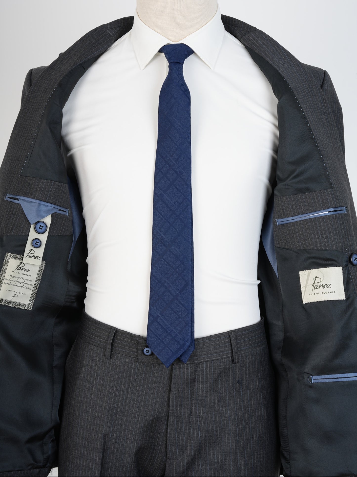 Men’s Striped Grey Wool Suit – Classic Double-Breasted Formalwear by Parez