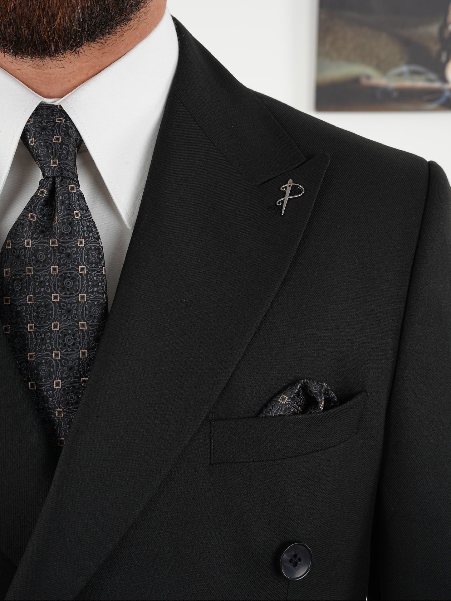 Tailored Fit Black Double Breasted Full Suit Regular Parez