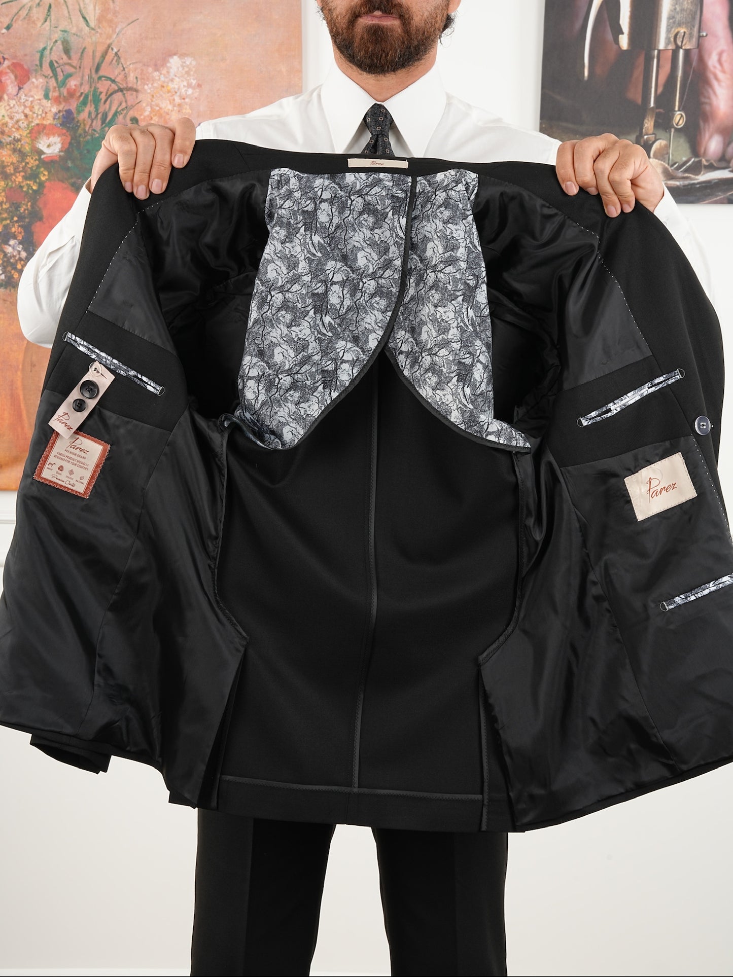 Tailored Fit Black Double Breasted Full Suit Regular Parez