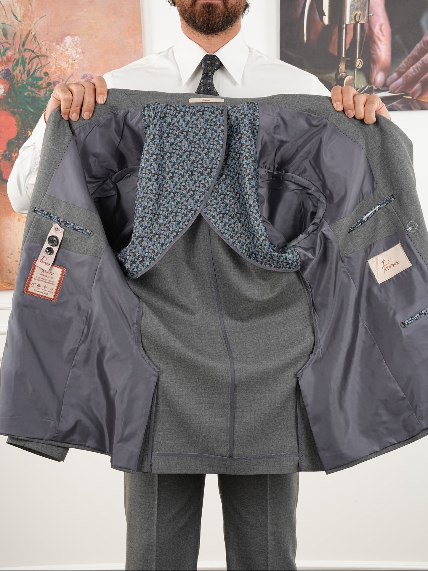 Tailored Fit Gray Double Breasted Full Suit Regular Parez