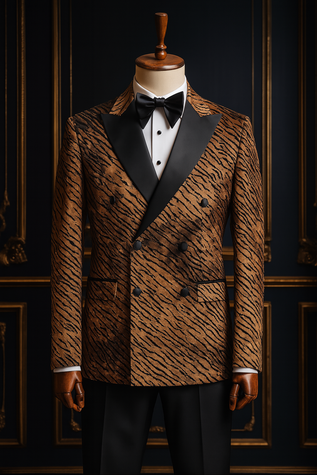 The Bronze Roar Double-Breasted Tuxedo – Luxury Animal Print Suit with Black Trousers for Grooms, Galas & Red Carpet