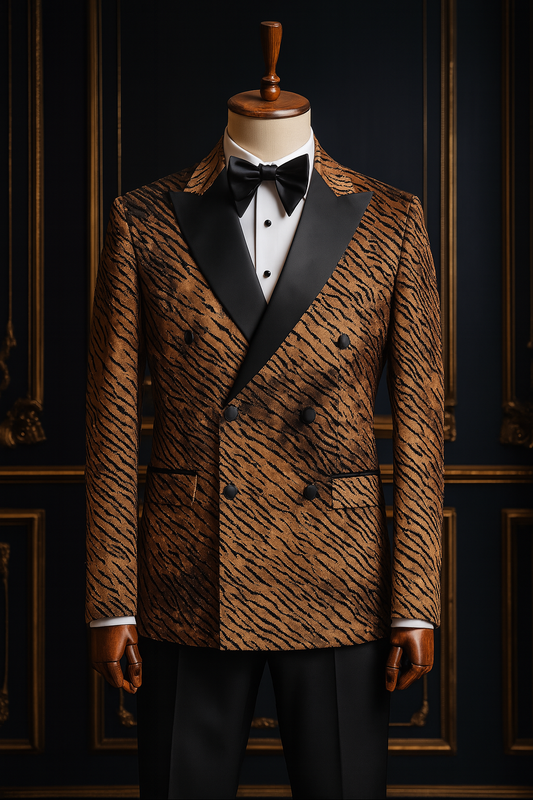 The Bronze Roar Double-Breasted Tuxedo – Luxury Animal Print Suit with Black Trousers for Grooms, Galas & Red Carpet