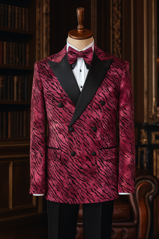 The Crimson Stride – Double Breasted Tuxedo with Tiger Pattern for Bold Occasions