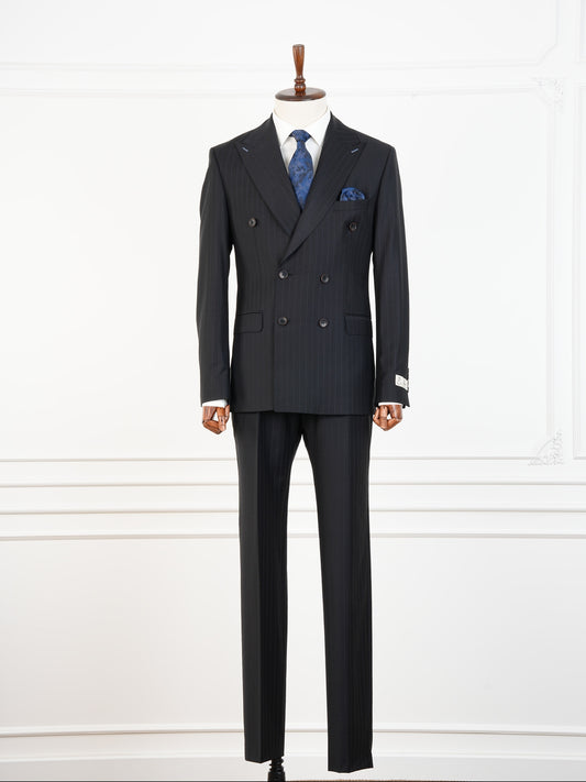 Charcoal Black Wool Pinstripe Suit – Double Breasted Sophistication