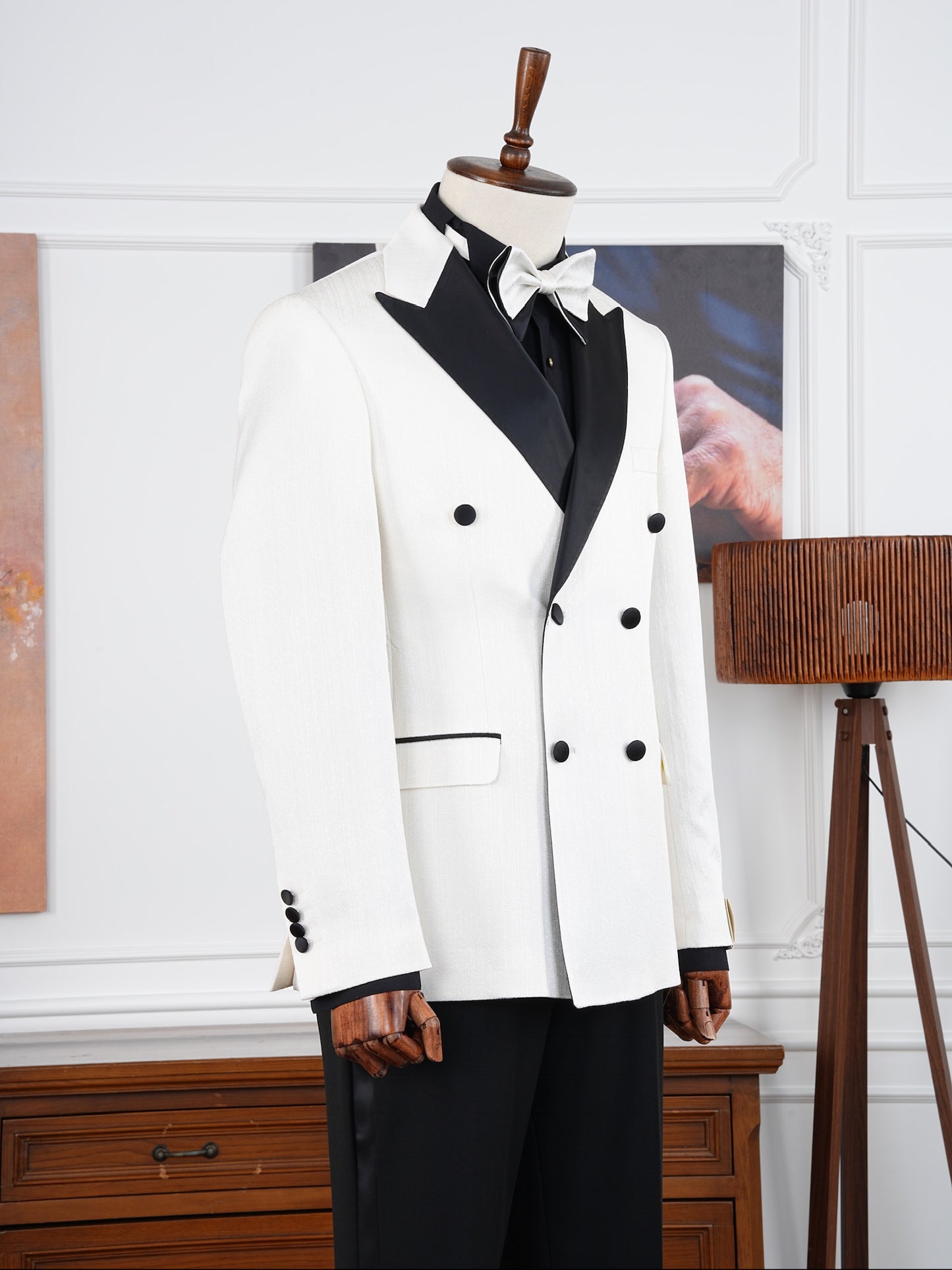 The Casablanca – White Double-Breasted Tuxedo Set with Black Satin Accents