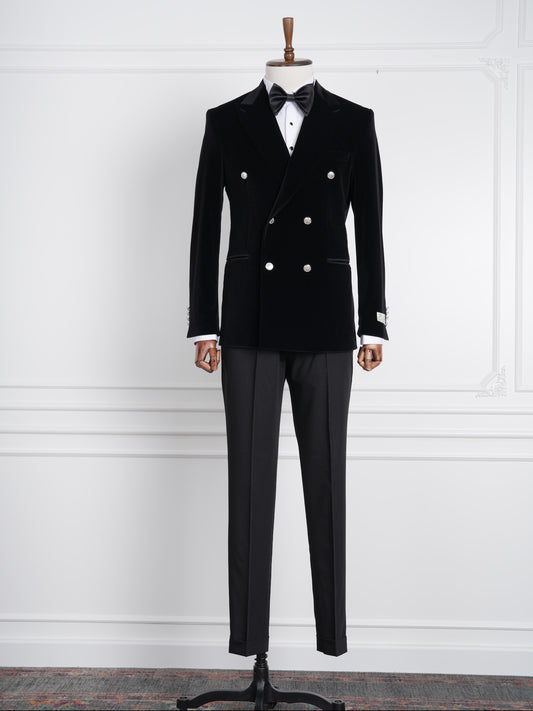 The Noire – Black Velvet Double-Breasted Tuxedo Wide Lapel | Elegant Party Suit for Men