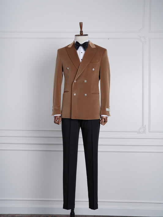 The Monarch  Camel Brown Velvet Tuxedo Party Suit with Satin Lapel & Black Pants