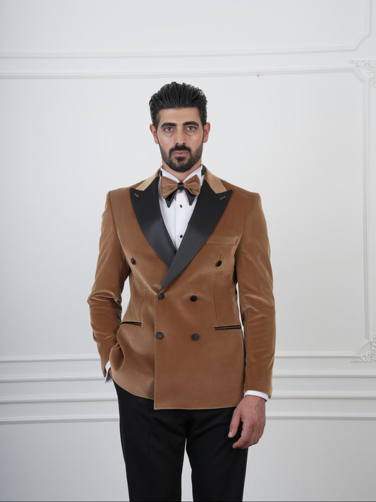 The Marlowe – Camel Brown Velvet Double-Breasted Tuxedo with Satin Lapel and Coordinated Bow Tie