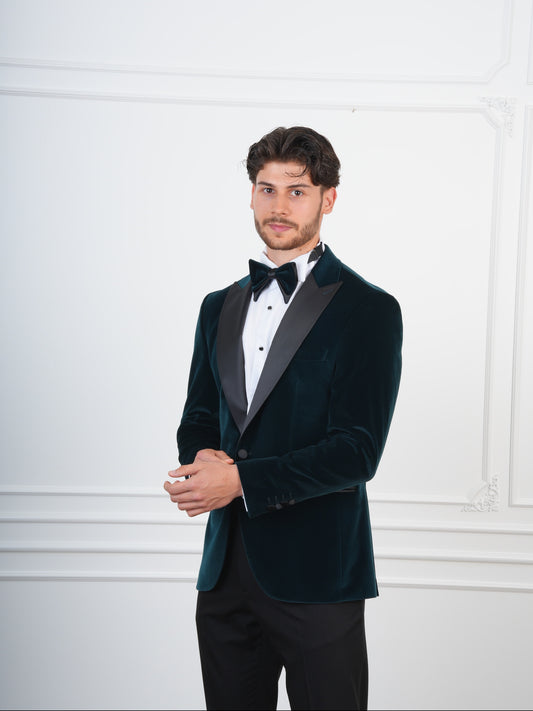 The Evergreen Tide – Ocean Green Velvet Tuxedo with Black Satin Lapel & Bow Tie, Party Suit for Men (Copy)