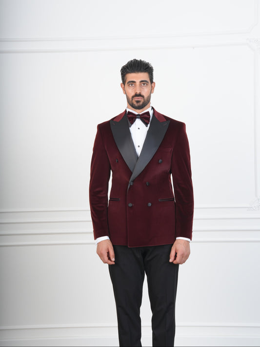 The Castellano – Double-Breasted Burgundy Velvet Tuxedo with Satin Peak Lapel and Bow Tie