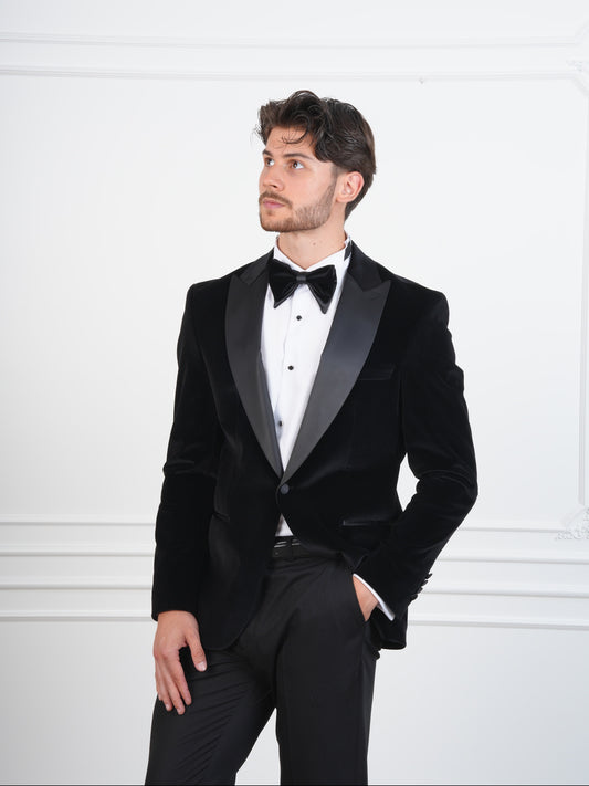 The Onyx – Black Velvet Men’s Tuxedo with Satin Peak Lapel | Groom or Formal Party Suit
