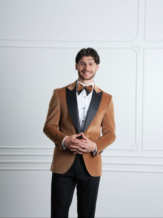 The Regent – Golden Brown Velvet Tuxedo with Black Satin Peak Lapel & Matching Bow Tie
