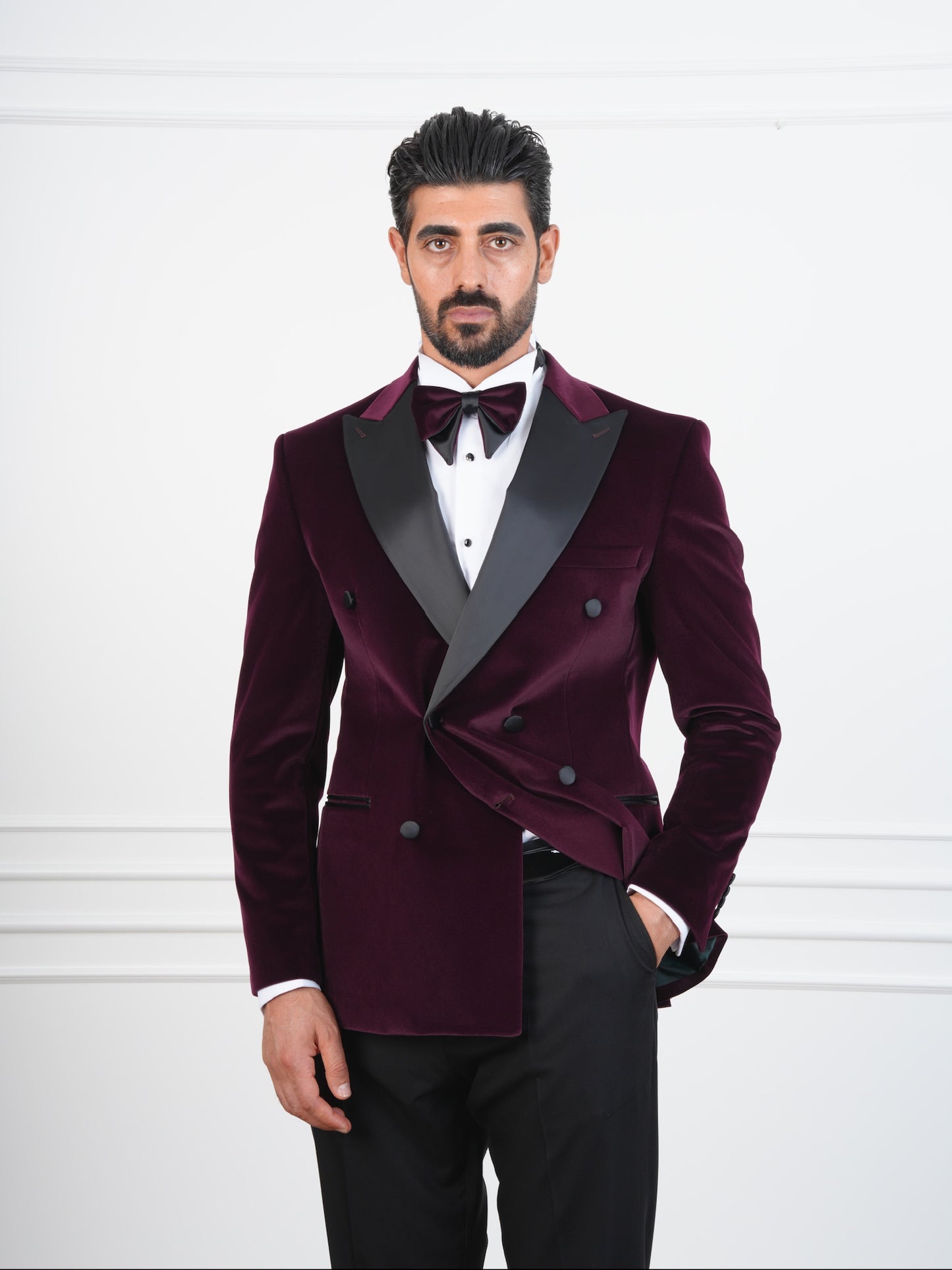 The Novello – Wine Velvet Double-Breasted Tuxedo with Satin Peak Lapel and Bow Tie