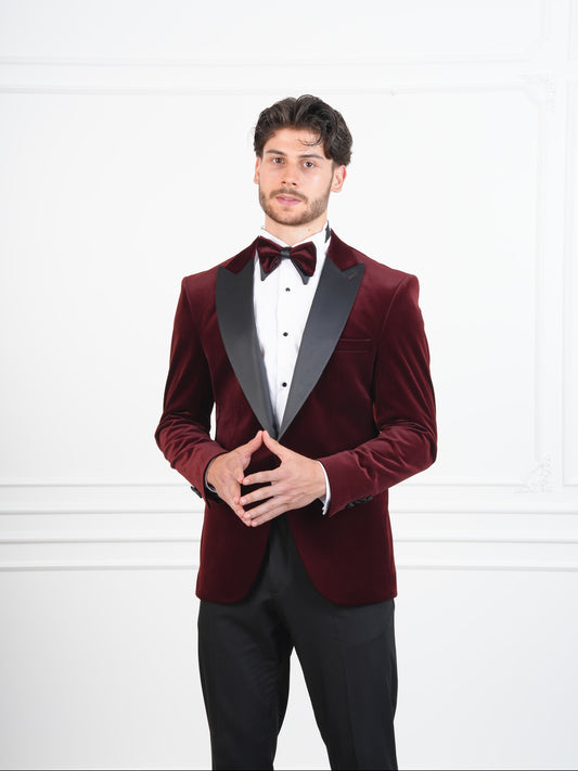 The Bordeaux Crest – Burgundy Velvet Groom Tuxedo with Black Satin Wide Lapel & Bow Tie