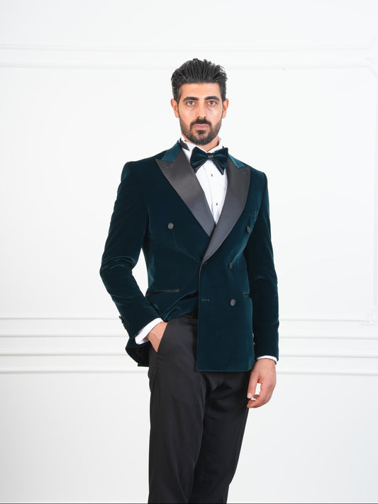 The Viridian – Ocean Green Velvet Double-Breasted Tuxedo with Satin Lapel and Bow Tie