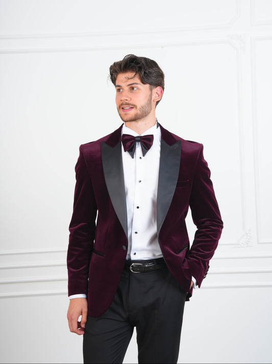 The Ember Noir – Wine Velvet Tuxedo with Black Satin Lapel & Bow Tie, Party Suit for Men