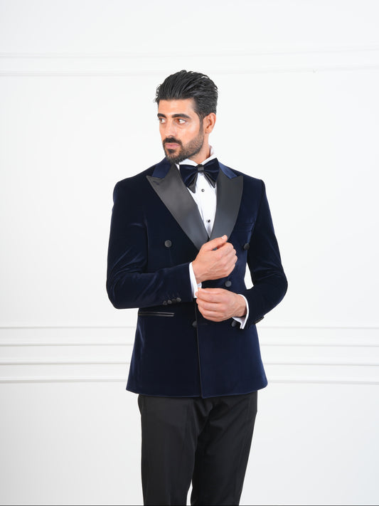 The Dorian – Deep Navy Velvet Double-Breasted Tuxedo with Satin Lapel and Formal Bow Tie