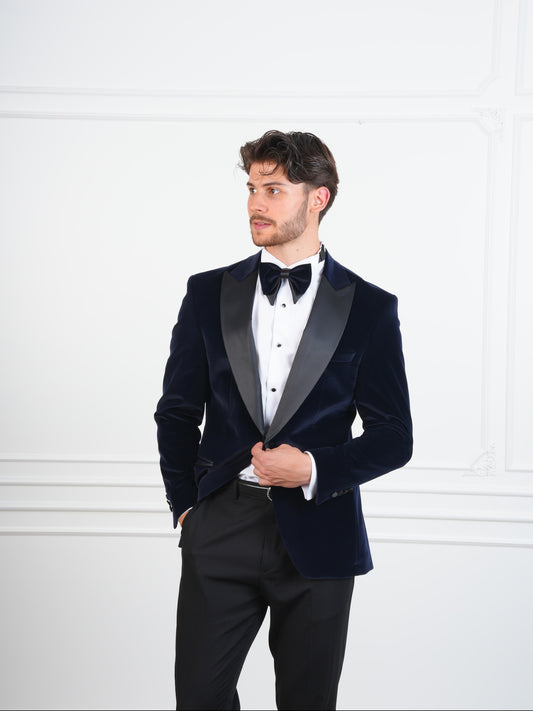 The Marlowe Navy Blue Velvet Party Tuxedo | Satin Lapel Groom Suit with Bow Tie & Trousers