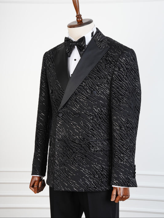 The Midnight Prowl Tuxedo – Black Double-Breasted Animal Print Suit with Satin Peak Lapel and Bow Tie