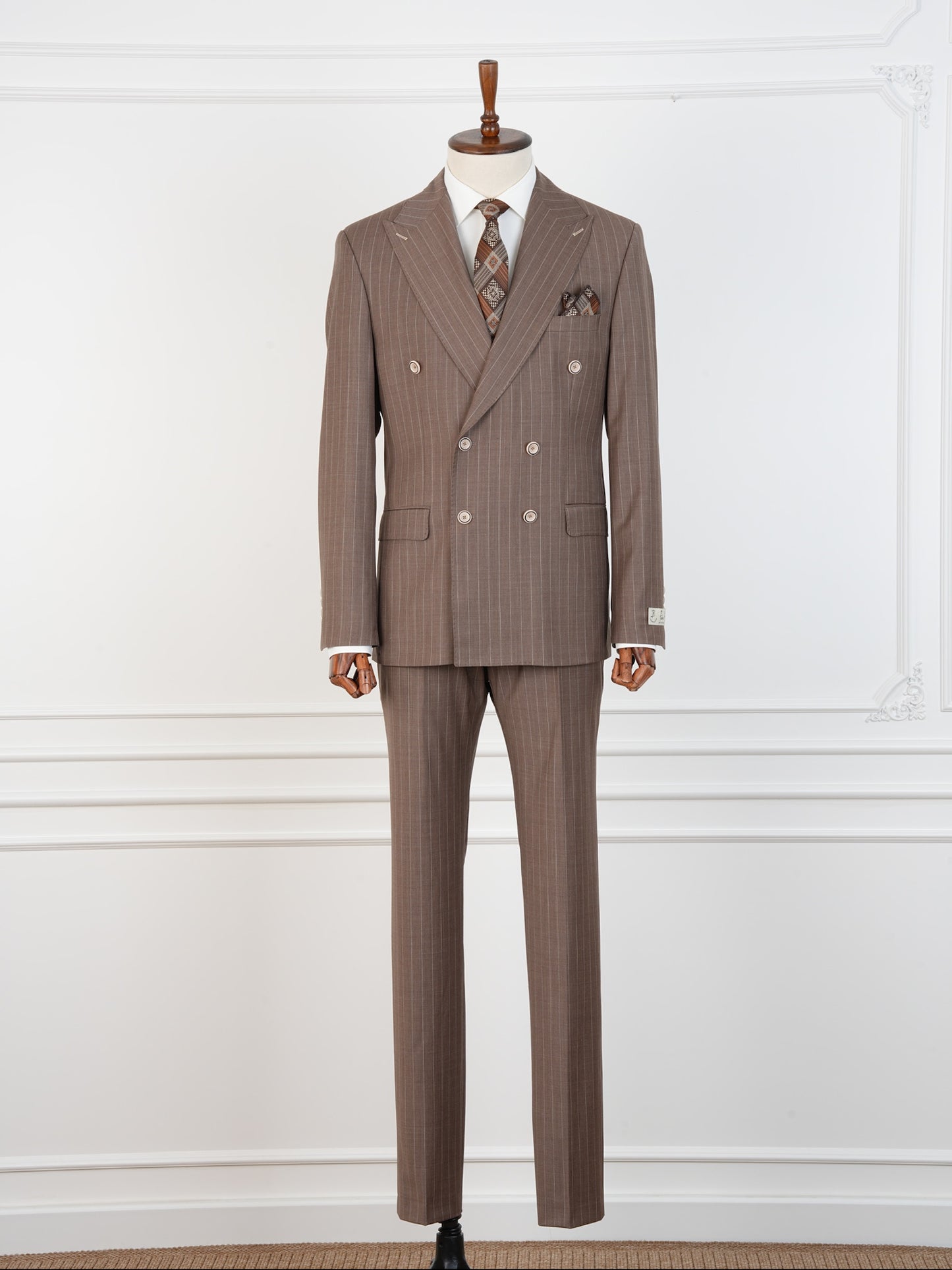 Men’s Brown Wool Pinstripe Suit – Double-Breasted 100% Wool Formal Set | Elegant Business & Wedding Suit by Parez