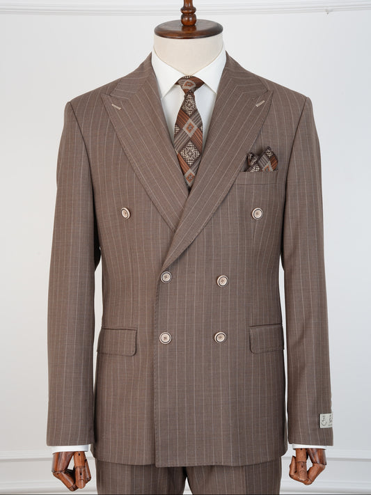Men’s Brown Wool Pinstripe Suit – Double-Breasted 100% Wool Formal Set | Elegant Business & Wedding Suit by Parez