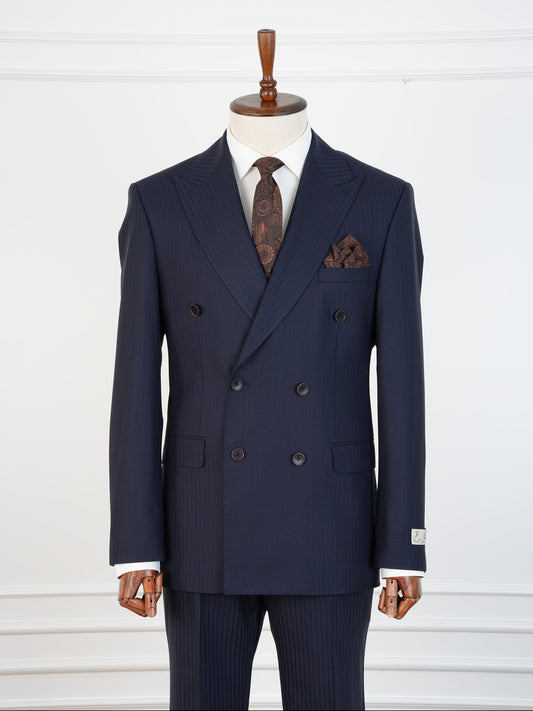 Men’s Navy Wool Pinstripe Suit – Double-Breasted Luxury Business & Wedding Set | 100% Wool Tailored Formal Suit by Parez