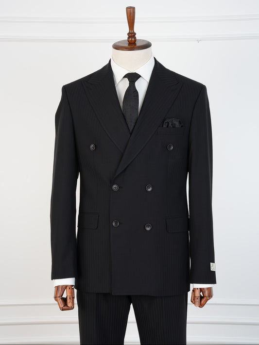 Men’s Black Pinstripe Wool Suit – Double-Breasted Tailored Fit | Formal 2-Piece Set by Parez